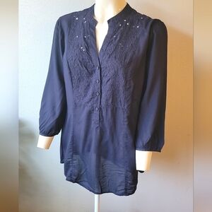 PER UNA Navy Blue Embroidered Floral Puff Sleeve Top Tunic Flower size 16 Plus